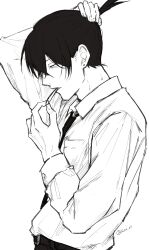  1boy absurdres azm_e3 chainsaw_man commentary_request dress_shirt earrings from_side greyscale hair_tie hair_tie_in_mouth hand_in_own_hair hayakawa_aki highres jewelry male_focus monochrome mouth_hold necktie shirt shirt_tucked_in short_hair simple_background solo suit_pants topknot twitter_username white_background 
