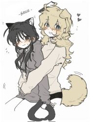  2girls animal_ear_fluff animal_ears axue0w0 black_eyes black_hair blonde_hair blue_eyes blush cat_ears cat_girl cat_tail chito_(shoujo_shuumatsu_ryokou) closed_mouth commentary dog_ears dog_girl dog_tail fang flying_sweatdrops grey_hoodie grey_sweater heart highres hood hoodie hug hug_from_behind kemonomimi_mode multiple_girls shoujo_shuumatsu_ryokou simple_background skin_fang smile sweater tail twintails white_background yuri yuuri_(shoujo_shuumatsu_ryokou) 
