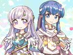  1boy 1girl blue_eyes blue_hair brother_and_sister circlet dress fire_emblem fire_emblem:_genealogy_of_the_holy_war fire_emblem_heroes gem headband jewelry julia_(resplendent)_(fire_emblem) long_hair official_alternate_costume purple_hair sakusaku7r seliph_(respledent)_(fire_emblem) siblings smile violet_eyes white_headband 