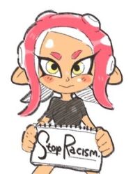 1girl :> agent_8_(splatoon) black_shirt dark-skinned_female dark_skin english_text holding holding_sign inkerton-kun looking_at_viewer lowres octoling pointy_ears red_hair shirt short_hair short_sleeves sign simple_background solo splatoon_(series) splatoon_2 suction_cups tentacle_hair yellow_eyes 