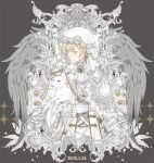  1boy angel_wings animal apple ascot belt belt_buckle blonde_hair blue_eyes brooch buckle buttons closed_mouth cross dated dress_shirt ensemble_stars! food frilled_sleeves frills fruit gem golden_apple grey_background grey_belt grey_vest grey_wings hair_between_eyes holding holding_animal jacket jewelry lace_trim lamb lapels long_sleeves looking_to_the_side male_focus pants patterned_clothing pearl_(gemstone) picture_frame shawl sheep shirt short_hair slothm22 smile solo star_brooch star_button tenshouin_eichi upper_body veil vest white_ascot white_jacket white_pants white_shawl white_shirt white_theme white_veil wings 