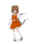  1girl :d animal_ear_piercing animal_ears bare_legs blush bobby_socks bow bowtie breasts brown_hair cat_ears cat_tail chen earrings frills full_body gekiyaba0512 gold_trim green_headwear hand_up happy hat jewelry long_sleeves looking_at_viewer mary_janes mob_cap multiple_tails nekomata orange_bow orange_bowtie paw_pose petite petticoat puffy_long_sleeves puffy_sleeves red_skirt red_vest shoes short_hair simple_background single_earring skirt skirt_set small_breasts smile socks solo tail teeth touhou two_tails upper_teeth_only vest violet_eyes white_background 