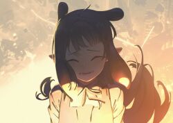  1girl absurdres black_dress black_hair black_ribbon closed_eyes commentary dress gradient_hair highres hololive hololive_english mazumaro multicolored_hair neck_ribbon ninomae_ina'nis open_mouth orange_hair ribbon solo teeth tentacle_hair virtual_youtuber 