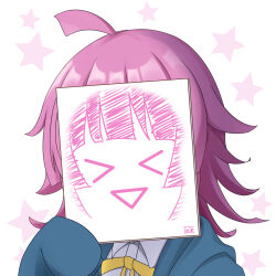  1girl absurdres ahoge blue_jacket bow collared_shirt dress_shirt hand_up highres hood hood_down hooded_jacket jacket long_sleeves love_live! love_live!_nijigasaki_high_school_idol_club pink_hair puffy_long_sleeves puffy_sleeves rina-chan_board shirt signature simple_background sleeves_past_fingers sleeves_past_wrists solo star_(symbol) tennoji_rina txin_xin upper_body white_background white_shirt yellow_bow 