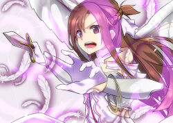  1girl absurdres alternate_breast_size_(smaller) armor asuna_(sao) asuna_(stacia)_(sao) aura bare_shoulders braid breastplate brown_eyes brown_hair collared_dress commentary_request detached_sleeves dress falling_feathers feathers flat_chest floating_hair gloves grey_armor half_up_half_down_braid hands_up highres holding holding_sword holding_weapon incoming_attack long_hair open_mouth pink_trim sarasara_shoyu short_sleeves simple_background solo straight_hair sword sword_art_online sword_art_online:_alicization sword_art_online:_alicization_-_war_of_underworld teeth tongue upper_body v-shaped_eyebrows vambraces weapon white_background white_dress white_feathers white_gloves 