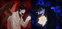  2boys absurdres black_coat black_hair black_wings check_flower coat colored_inner_hair colored_veins commentary demon_horns demon_king_of_salvation english_commentary feathered_wings flower flower_request from_side glowing growing_out_of_body gwon hand_up head_down highres horns kim_dokja male_focus multicolored_hair multiple_boys omniscient_reader's_viewpoint open_clothes open_coat poppy_(flower) short_hair sunflower too_many_flowers upper_body white_coat wings yoo_joonghyuk 