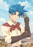  1boy ashley_winchester belt blue_eyes blue_hair brown_gloves closed_mouth clouds dark_blue_hair fateline_alpha gloves looking_at_viewer male_focus parted_bangs red_scarf scarf shirt smile solo spiky_hair upper_body white_shirt wild_arms wild_arms_2 