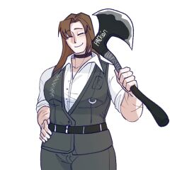  1girl axe belt black_pants breast_pocket brown_hair choker closed_eyes hand_on_own_hip highres holding holding_weapon lcb_uniform_(project_moon) limbus_company long_hair mole mole_under_eye momka_art pants pocket project_moon rodion_(project_moon) russian_text scar shirt sleeves_rolled_up smile vest weapon white_background white_shirt 