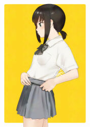  1girl alternate_costume black_bow black_bowtie black_hair bow bowtie breasts brown_eyes collared_shirt commentary_request cowboy_shot dress_shirt fubuki_(kancolle) grey_skirt kantai_collection low_ponytail medium_breasts pleated_skirt ponytail profile sakiecho school_uniform shirt sidelocks skirt solo white_shirt yellow_background 