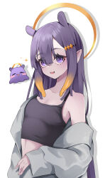  1girl :d absurdres black_camisole breasts camisole commentary crop_top double-parted_bangs english_commentary ghost_toastx gradient_hair grey_jacket hair_between_eyes halo highres hololive hololive_english jacket long_hair mole mole_under_eye multicolored_hair ninomae_ina'nis open_mouth orange_hair pointy_ears purple_hair sidelocks simple_background single_off_shoulder small_breasts smile solo takodachi_(ninomae_ina'nis) tentacle_hair very_long_hair violet_eyes virtual_youtuber white_background 