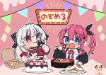  2girls absurdres ahoge bandaged_arm bandages bare_shoulders birthday_cake black_bow black_choker black_gloves black_jacket black_necktie black_ribbon blue_eyes blush bow bowtie cake cake_slice chibi choker chopsticks closed_mouth collared_shirt commentary cropped_shirt eating fingerless_gloves fish_(food) food fried_egg gloves grey_eyes gunkanmaki hair_between_eyes hair_bow hair_ornament hair_ribbon hairclip heterochromia highres irasutoya ishigami_nozomi jacket jewelry kashikaze kuramochi_meruto kuramochi_meruto_(1st_costume) long_hair multicolored_hair multiple_girls necktie nigirizushi nijisanji off-shoulder_shirt off_shoulder open_clothes open_jacket open_mouth outline pink_background pizza purple_bow purple_bowtie purple_hair red_eyes red_shirt redhead ribbon ring shirt short_sleeves side_ponytail sidelocks single_glove sleeveless sleeveless_shirt spiked_choker spikes streaked_hair sushi symbol-only_commentary translated virtual_youtuber white_hair white_outline white_shirt 