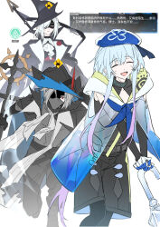 1girl 2boys :d absurdres arknights ascot beret black_dress black_gloves black_hat black_pants blue_hair blue_hat blue_neckerchief chinese_commentary chinese_text closed_eyes commentary_request cowboy_shot dress gameplay_mechanics gladiia_(arknights) gloves grey_hair hair_between_eyes hair_over_one_eye hat highres holding holding_weapon infection_monitor_(arknights) long_hair long_sleeves looking_at_another mask mizuki_(arknights) mouth_mask multiple_boys neckerchief open_mouth pants pointy_ears red_eyes screenshot_inset shaded_face smile standing stronghold_protocol_(arknights) translation_request trap ulpianus_(arknights) weapon white_background white_hair wu_xinhao 