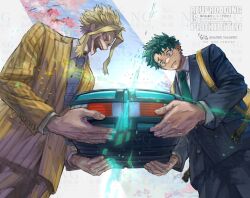  2boys absurdres all_might black_sclera blonde_hair boku_no_hero_academia burn_scar colored_sclera formal_clothes green_hair hair_slicked_back highres male_focus midoriya_izuku multiple_boys scar spiky_hair suit teacher_and_student yomoyama_yotabanashi 