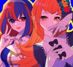  2girls alear_(female)_(divine_attire)_(fire_emblem) alear_(female)_(fire_emblem) alear_(fire_emblem) bandaged_arm bandages blue_eyes blue_hair edamameoka fire_emblem fire_emblem_engage hair_ornament heterochromia highres long_hair multicolored_hair multiple_girls official_alternate_costume open_mouth orange_eyes orange_hair panette_(fire_emblem) red_eyes redhead ribbon smile split-color_hair tiara two-tone_hair 