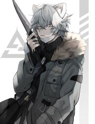  1boy animal_ears arknights bag bandaid bandaid_on_finger bandaid_on_hand bear_boy bear_ears black_sweater blue_eyes closed_mouth commentary crossed_bangs empty_eyes fur-trimmed_jacket fur_trim grey_hair grey_jacket hair_between_eyes highres holding holding_knife holding_weapon jacket jaye_(arknights) knife long_sleeves looking_at_viewer male_focus mask mask_pull mouth_mask orqz simple_background solo specialist_logo_(arknights) sweater turtleneck turtleneck_sweater weapon white_mask 