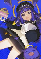  1girl absurdres apron black_dress blue_background blunt_bangs bowl cake cake_slice commentary curly_hair dated_commentary dress food frilled_apron frills gloves gradient_hair hair_flaps halo highres holding holding_bowl holding_plate hololive hololive_english long_hair long_sleeves looking_at_viewer mole mole_under_eye multicolored_hair ninomae_ina'nis ninomae_ina'nis_(pastry_chef) official_alternate_costume official_alternate_hairstyle open_mouth orange_hair pinepizza plate pointy_ears puffy_long_sleeves puffy_sleeves short_dress sidelocks simple_background solo takodachi_(ninomae_ina'nis) tentacle_hair tentacles violet_eyes virtual_youtuber whisk white_apron white_gloves 