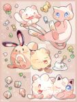 :o animal_focus artist_name blue_eyes candy clover colored_skin cup fang food four-leaf_clover hanabusaoekaki highres jigglypuff lollipop mew_(pokemon) no_humans one_eye_closed pawpads pink_background pink_skin pokemon pokemon_(creature) sentret sparkle sugar_cube swirlix tea teacup tongue tongue_out 