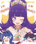  3girls :d ^_^ bare_shoulders black_hair blue_hair blunt_bangs blush chibi chibi_inset closed_eyes crown english_text flipped_hair fur_trim garara_s_leep gem gold_necklace green_gemstone hairband hanazono_shuka hand_up headphones heart idol_time_pripara jewelry jigoku_mimiko kegani_(ymck31) long_hair looking_at_viewer multiple_girls necklace ok_sign one_eye_closed open_mouth ponytail pretty_(series) pripara purple_hair purple_nails red_hairband smile solo_focus speech_bubble twintails upper_body violet_eyes yellow_background 