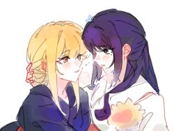  2girls after_kiss blonde_hair cho_kaguya-hime! commentary_request eye_contact floral_print floral_print_kimono green_eyes hand_in_another's_hair highres japanese_clothes kaguya_(cho_kaguya-hime!) kimono lipstick looking_at_another makeup mole mole_under_eye multiple_girls pink_eyes print_kimono purple_hair purple_kimono sakayori_iroha simple_background smeared_lipstick smile white_background white_kimono yug_away yuri 