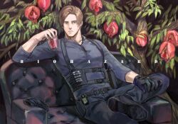  1boy absurdres black_gloves blue_eyes blue_shirt brown_hair chair chest_holster commentary cup english_commentary expressionless figure_four_sitting food fruit gloves hand_on_own_leg highres holding holding_cup iti_iti knee_up leon_s._kennedy looking_to_the_side lounge_chair male_focus pomegranate resident_evil resident_evil_requiem shirt short_hair single_glove sitting solo toned toned_male tree 