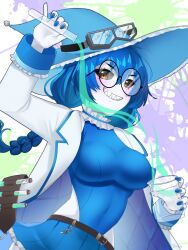  1girl belt blue_hair blue_hat blue_leotard blue_nails blue_skirt braid braided_twintails breasts coat colored_sclera colored_skin eyewear_on_headwear flask glasses goggles grey_sclera grey_skin grin hair_between_eyes hat highres holding holding_flask kittyriko23 large_breasts leotard looking_at_viewer round_eyewear sharp_teeth skirt smile socks_agency teeth twin_braids virtual_youtuber white_coat yellow_eyes yomi_quinnley 