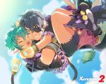  1boy 1girl black_gloves black_hair blue_sky boots cheek-to-cheek clouds cloudy_sky coat copyright_name english_commentary eyepatch fang fingerless_gloves gloves green_hair grey_coat grin heads_together hetero highres hug jacket open_mouth outdoors pandoria_(xenoblade) parted_lips pointy_ears purple_footwear purple_gloves purple_jacket purple_shorts shoe_soles short_hair short_sleeves shorts sky smile stephanieh81080 tail teeth turters_(xenoblade) xenoblade_chronicles_(series) xenoblade_chronicles_2 zeke_von_genbu_(xenoblade) 