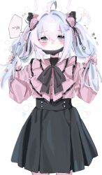  1girl alternate_costume black_nails black_skirt blue_archive blue_hair bow commentary_request frills hair_ornament halo high-waist_skirt holding_own_hair jirai_kei mask mouth_mask mouth_mask_under_chin multicolored_hair negu_(pixiv_6519140) pink_hair pink_halo pink_shirt pleated_shirt reisa_(blue_archive) shirt simple_background skirt star_(symbol) star_hair_ornament star_halo twintails two-tone_hair violet_eyes white_background 
