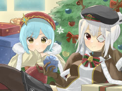  2girls antlers box bungo_yayoi bungo_yayoi_(happy_legion) christmas christmas_ornaments christmas_tree closed_mouth commentary_request eyepatch gift gift_box green_hair heaven_burns_red highres horns ikesi4431 looking_at_viewer multiple_girls red_eyes reindeer_antlers white_hair yamawaki_bon_ivar yamawaki_bon_ivar_(holy_knight) yellow_eyes 