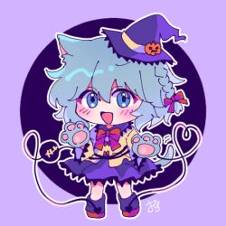  1girl :d animal_ears animal_hands blue_eyes blue_hair blush cat_ears cat_girl cat_tail chibi chibi_only commentary_request disembodied_linked_eye frilled_sleeves frills full_body gloves green_gloves hair_between_eyes halloween hat heart heart_of_string highres kemonomimi_mode komeiji_koishi long_sleeves looking_at_viewer omochinegi open_mouth outline paw_gloves purple_background purple_hat purple_skirt purple_socks red_shoes shirt shoes short_hair signature skirt smile socks solo standing tail textless_version touhou white_outline wide_sleeves witch_hat yellow_shirt 
