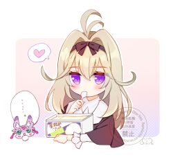  ... 1girl antenna_hair black_bow black_capelet black_hairband blush bow brown_hair capelet chibi chibi_inset commentary_request cropped_torso food hair_between_eyes hair_intakes hairband heart holding holding_spoon ice_cream long_hair long_sleeves mashu-tan meitantei_precure! moria_luluka precure shikito_(yawa0w0) signature spoken_ellipsis spoken_heart spoon upper_body violet_eyes watermark 