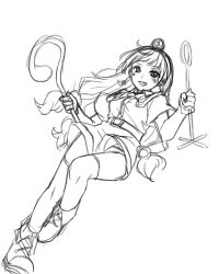  1girl absurdres dual_wielding earrings facial_mark fold-over_boots full_body greyscale hair_ornament highres holding holding_scepter jewelry key_earrings long_hair looking_at_viewer michigami_nareko mochigumo monochrome open_mouth scepter shirt short_sleeves shorts sketch smile solo sphere_hair_ornament thigh-highs touhou triangle triangle_facial_mark usekh_collar 