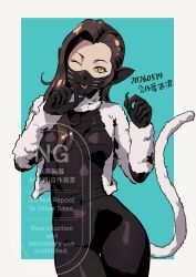  1girl animal_ears black_bodysuit blue_background bodysuit border breasts brown_hair cat_ears cat_girl cat_tail commentary_request cowboy_shot dated demon_(megami_tensei) fangs fingernails highres kotonoha_kasumi long_hair looking_at_viewer mask medium_breasts mouth_mask nekomata nekomata_(megami_tensei) one_eye_closed open_mouth outside_border sharp_fingernails shin_megami_tensei simple_background slit_pupils solo tail tongue tongue_out watermark white_border yellow_eyes 
