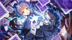  1girl ace_(playing_card) ace_of_hearts ace_of_spades black_gloves black_skirt blue_jacket blue_necktie card card_commentary commentary_request facial_tattoo game_asset gloves hat heart idolmaster idolmaster_million_live! idolmaster_million_live!_theater_days jacket long_sleeves looking_at_viewer makabe_mizuki mini_hat necktie official_alternate_costume official_art open_mouth playing_card purple_hair short_hair skirt solo spade_(shape) spade_tattoo striped_clothes striped_skirt tattoo third-party_source vertical-striped_clothes vertical-striped_skirt yellow_eyes 