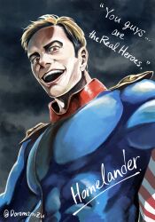  1boy armor black_background blonde_hair blue_suit bodysuit character_name cloak cloud_background commentary_request doromamizu english_text evil_smile grey_background highres homelander open_mouth procreate_(medium) red_cloak red_eyes short_hair shoulder_armor smile solo striped_cloak suit teeth the_boys twitter_username upper_body upper_teeth_only very_short_hair western_comics_(style) white_cloak 