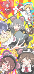  6+girls ^_^ anchor_print black_hat black_skirt blonde_hair blue_sailor_collar blush_stickers bow bowtie braid braided_ponytail brown_eyes brown_hair capelet cheese chinese_zodiac closed_eyes closed_mouth collared_dress collared_shirt commentary_request contrast_collar cross dress fang food frilled_skirt frills grey_capelet grey_hair hair_between_eyes hair_bow hand_on_own_hip hands_on_own_cheeks hands_on_own_face hat hat_bow hexagram highres kemonomimi_mode kitashirakawa_chiyuri kuronon long_sleeves maribel_hearn mimi-chan mob_cap mouse_(animal) mouse_girl mouse_tail multiple_girls nazrin okazaki_yumemi one_eye_closed open_mouth plaid_clothes plaid_vest puffy_short_sleeves puffy_sleeves purple_dress purple_vest quimbaya_airplane red_bow red_bowtie red_capelet red_eyes red_hair red_skirt sailor_collar sailor_hat shirt short_hair short_sleeves shorts signature skirt smile sunburst sunburst_background sweat tail teeth touhou upper_teeth_only usami_renko usami_sumireko vest waving white_bow white_hat white_shirt white_shorts year_of_the_rat 