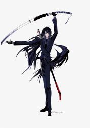  1girl artist_name black_gloves black_hair black_necktie bleeding blood blood_from_mouth blood_on_face blue_jacket blue_pants blue_shirt blue_streaks blue_suit collared_shirt commentary full_body gloves highres holding holding_weapon jacket limbus_company long_hair multicolored_hair necktie pants pinky_(identity)_(project_moon) project_moon red_eyes ryoshu_(project_moon) sheath shirt simple_background solo standing streaked_hair suit suit_jacket suit_pants sword sword_on_back sword_tassel tassel tie_clip two-tone_hair very_long_hair weapon weapon_on_back weapon_tassel white_background zikzikzik 