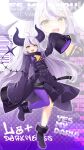 1girl absurdres ahoge ankle_cuffs ascot azma_(mitch55) belt black_belt black_horns braid braided_bangs character_name coat collar grey_hair highres hololive horns la+_darknesss la+_darknesss_(1st_costume) long_hair metal_collar multicolored_hair pointy_ears purple_coat purple_hair purple_thighhighs single_thighhigh sleeves_past_fingers sleeves_past_wrists streaked_hair striped_horns thigh-highs virtual_youtuber yellow_ascot 