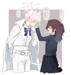 1boy 1girl akira_(blue_archive) animal_ear_fluff animal_ears blue_archive blush brown_hair cat_boy cat_ears cat_tail closed_eyes female_sensei_(blue_archive) genderswap genderswap_(ftm) gloves halo height_difference hetero highres jacket jacket_on_shoulders kiss kissing_hand phantom_thief pink_hair sensei_(blue_archive) senta_(ysk_0218) short_ponytail tail white_gloves