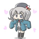  :3 beret black_headwear blue_jacket ferret-san full_body grey_eyes grey_hair grey_skirt hat heart hood hooded_jacket jacket kantai_collection kashima_(kancolle) kneehighs long_sleeves military_jacket military_uniform miniskirt pleated_skirt sidelocks skirt sleeves_past_fingers sleeves_past_wrists smile socks standing tiptoes tsurime twintails uniform wavy_hair white_background white_jacket 