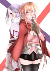  2girls absurdres armor asuna_(sao) back-to-back belt black_skirt black_thighhighs blush braid breastplate brown_belt brown_eyes brown_gloves brown_hair cloak commentary_request cowboy_shot fingerless_gloves flat_chest gloves hair_between_eyes half_up_braid half_up_half_down_braid hands_up highres holding holding_jewelry holding_necklace hood hooded_cloak jacket jewelry long_hair long_sidelocks maximum7010 miniskirt mito_(sao) multiple_girls necklace one_eye_closed pants parted_bangs parted_lips pink_jacket purple_armor purple_hair red_cloak red_eyes red_gloves red_shirt shirt sidelocks skindentation skirt smile standing sword_art_online sword_art_online_progressive thigh-highs white_armor white_background white_cloak white_pants zettai_ryouiki 