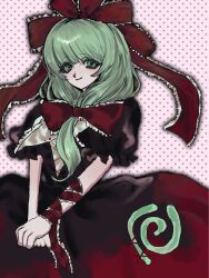  1girl arm_ribbon bow closed_mouth commentary_request cowboy_shot dotted_background dress frilled_bow frilled_ribbon frills front_ponytail green_eyes green_hair hair_bow hair_ribbon highres kagiyama_hina long_hair looking_at_viewer own_hands_together pink_background puffy_short_sleeves puffy_sleeves rabbi_t8263 red_bow red_dress red_ribbon ribbon short_sleeves smile solo tareme touhou v_arms 