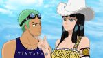  1boy 1girl artist_name bare_shoulders black_eyes black_hair blue_eyes blue_tank_top blunt_bangs closed_mouth clouds cloudy_sky commentary cowboy_hat english_commentary goggles goggles_on_head green_hair hand_on_another&#039;s_chin hat highres long_hair looking_at_another nico_robin official_alternate_costume one_piece outdoors roronoa_zoro short_hair sky smile tank_top white_headwear zakupanny 