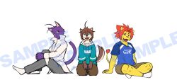  3boys ahoge animal_ears blue_hoodie blue_shirt brown_pants brown_shorts cat_boy cat_ears cat_tail closed_mouth commentary_request furry furry_male grey_pants hood hood_down hoodie indian_style lion_boy lion_ears lion_tail looking_at_viewer male_focus morenatsu multiple_boys nanafuse_(morenatsu) open_mouth pants ry_o_(zyuzinka) sample_watermark seiza shin_kuroi shirt shorts signature sitting smile socks soutarou_touno tail watermark white_background white_shirt white_socks wolf_boy wolf_ears 
