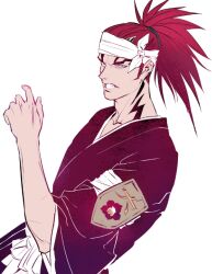  1boy abarai_renji bandaged_head bandages bleach collarbone commentary english_commentary forehead_tattoo high_ponytail highres huangdanlan long_hair looking_at_viewer male_focus neck_tattoo ponytail red_hair shihakusho sideburns solo tattoo teeth upper_body 