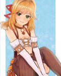 1girl blonde_hair breasts closed_mouth collarbone detached_sleeves feet_out_of_frame fiora_(xenoblade) green_eyes highres long_hair looking_at_viewer midriff miniskirt skirt smile solo thigh-highs tochiryo xenoblade_chronicles_(series) xenoblade_chronicles_1 