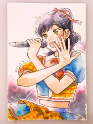  1girl black_hair commentary dated earpiece hair_ribbon hands_up highres holding holding_microphone idol inktober long_hair microphone midriff multicolored_skirt open_hand open_mouth ponytail red_ribbon ribbon risou_to_koi saotome_misuzu skirt solo sparkle traditional_media upper_body yellow_eyes youhe_hino 