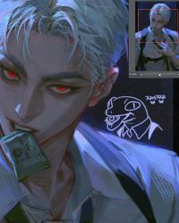  candy_in_mouth candy_wrapper dark_background fanart ghost_story_gotta_work gwechul handsome holster hot lee_jaheon lizard_boy long_eyelashes loose_necktie loosening_tie middle_part red_eyes shirt slit_pupils suggestive suspenders thick_eyebrows white_hair white_shirt zeroq_0q zoom_layer 