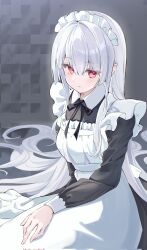  1girl apron black_dress blush breasts dress english_commentary expressionless hand_on_own_leg highres long_dress long_hair looking_at_viewer maid maid_apron maid_headdress omo_omochi_zzz on_ground original pointy_ears red_eyes sitting small_breasts solo upper_body very_long_hair white_apron white_hair 