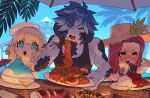  1boy 2girls au_ra bikini black_bikini black_sclera black_tank_top blonde_hair blue_eyes blue_hair blush chopsticks cocktail_glass cocktail_umbrella colored_sclera commentary_request crying cup curry curry_rice dragon_horns drinking_glass eating eyes_visible_through_hair final_fantasy final_fantasy_xiv food glasses green_eyes grey_hair hat highres holding holding_chopsticks holding_cup holding_plate holding_spoon horns lalafell multicolored_hair multiple_girls noodles open_mouth palm_tree plate red_eyes redhead rice scales shaved_ice spicy spoon streaked_hair sun_hat sweat swimsuit takoyaki tank_top tears tree two-tone_hair warrior_of_light_(ff14) wavy_eyes zombiemiso 