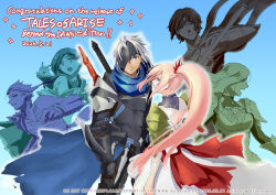  3boys 3girls alphen_(tales) armor bird black_armor blue_background blue_scarf broken_mask commentary_request congratulations couple dark-skinned_male dark_skin dohalim_il_qaras fire flaming_sword flaming_weapon hair_ornament half_mask husband_and_wife kisara_(tales) law_(tales) mask multiple_boys multiple_girls owl parted_bangs pink_hair plate_armor rinwell_(tales) scarf shionne_(tales) shoulder_armor smile spiky_hair sword tales_of_(series) tales_of_arise weapon 